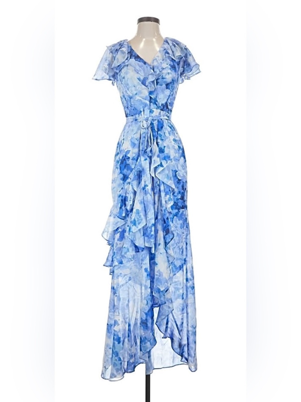 Eliza J Blue Floral Ruffle Tie-Waist Maxi Dress asymmetrical  NWT